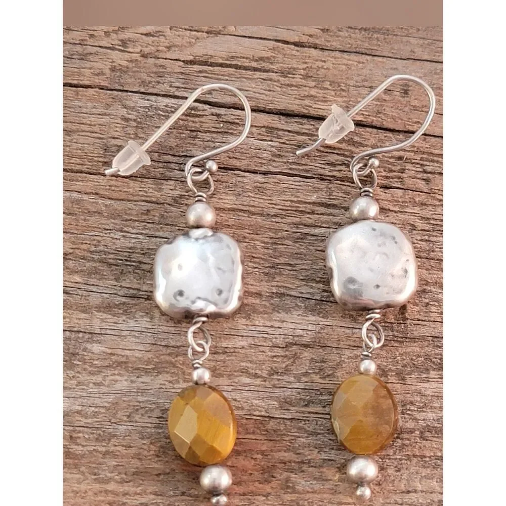Silpada Hammered Sterling Silver & Faceted Tigers Eye Dangle Drop Earrings